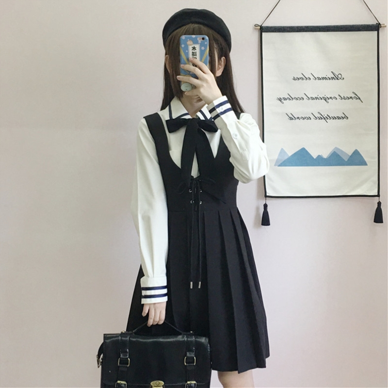 Japanese College Jk Uniforms Long Sleeved Shirt Pleated Suspender Dress Two Piece Suit Female