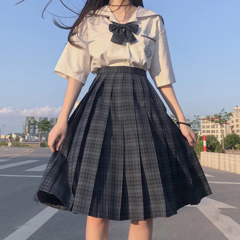 [Seaweed] Girl's Summer High Waist Pleated Skirts Plaid Skirts Women Elegant JK Uniforms Girl School Dress Student Cloths Image