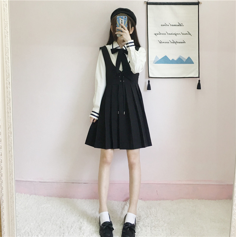 Japanese College Jk Uniforms Long Sleeved Shirt Pleated Suspender Dress Two Piece Suit Female