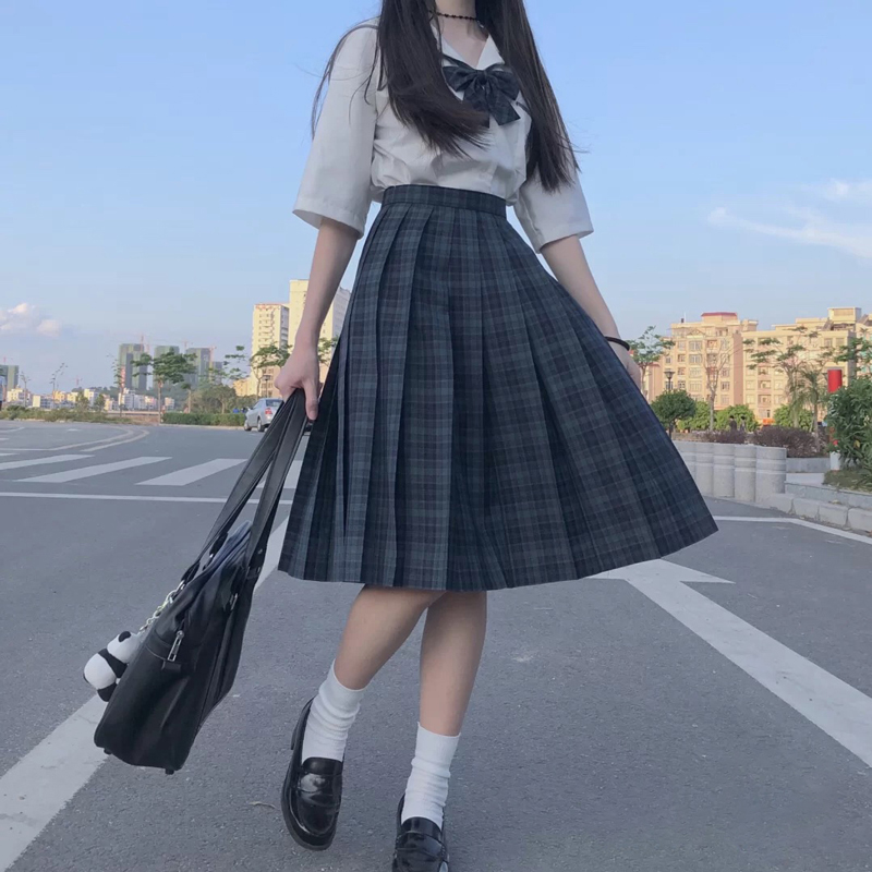 [Seaweed] Girl's Summer High Waist Pleated Skirts Plaid Skirts Women Elegant JK Uniforms Girl School Dress Student Cloths Image