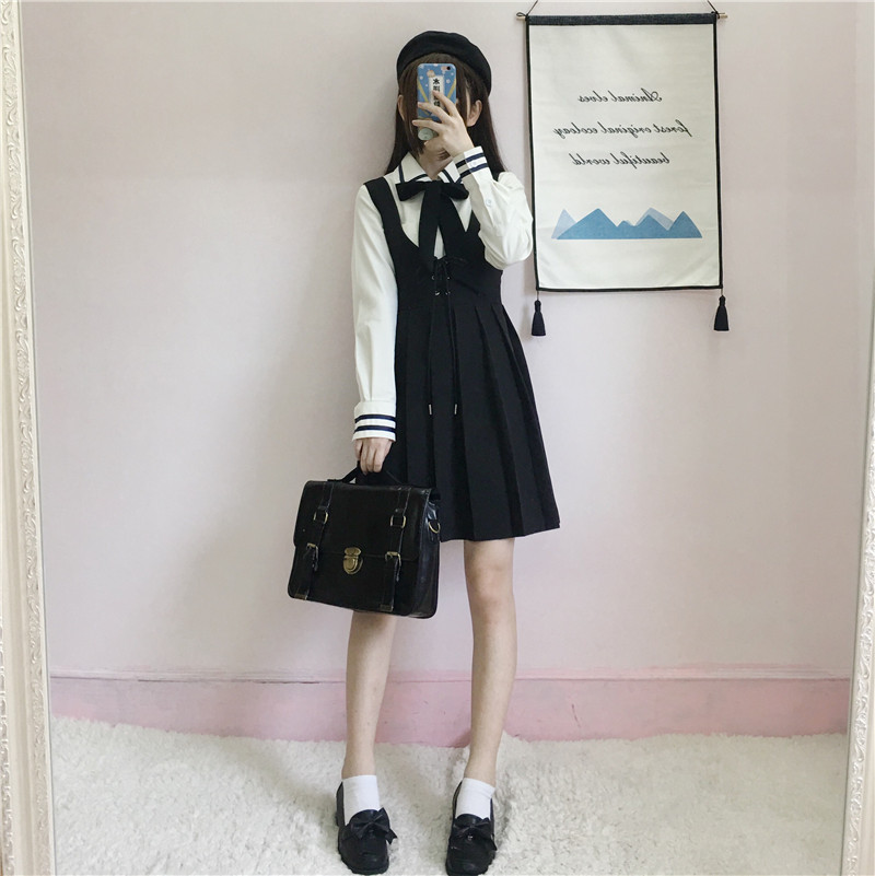 Japanese College JK Uniforms Long-Sleeved Shirt Pleated Suspender Dress ...