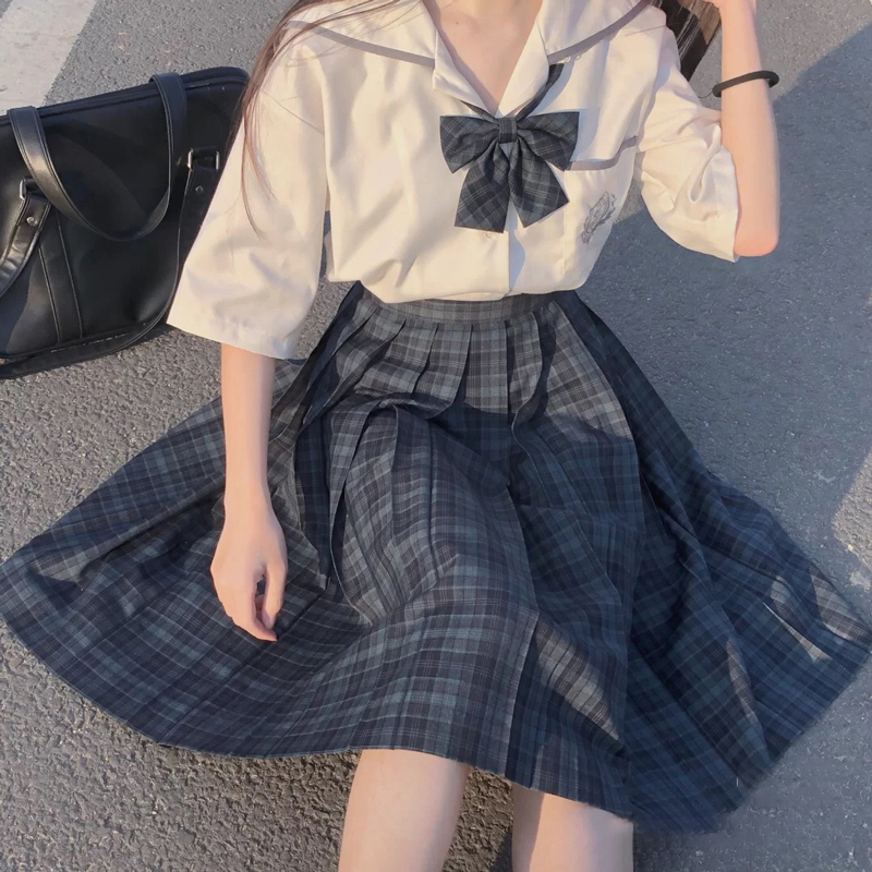 [Seaweed] Girl's Summer High Waist Pleated Skirts Plaid Skirts Women Elegant JK Uniforms Girl School Dress Student Cloths Image