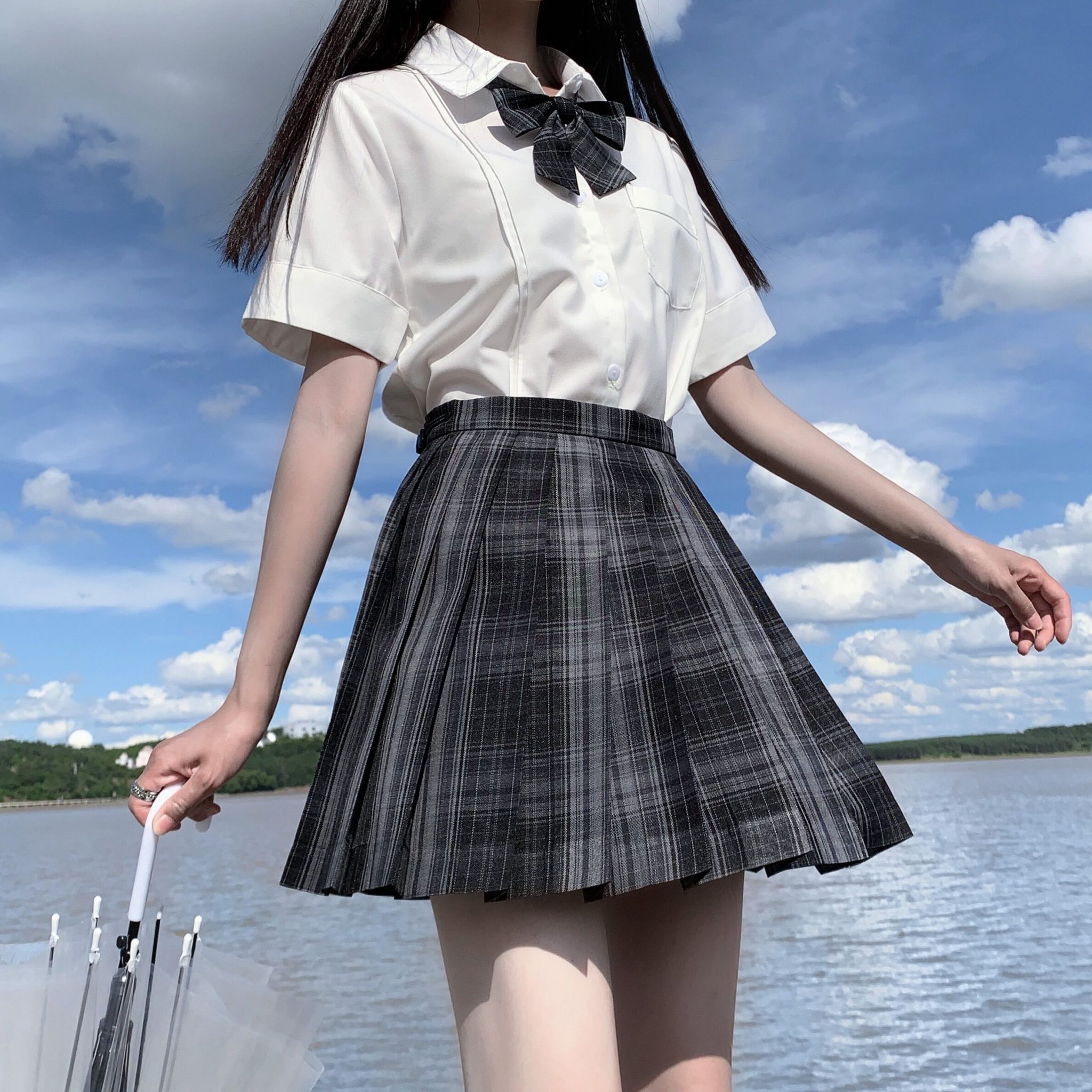 [lonely City] Long Short Sleeve Stundent Lady Girls High Waist Plaid Pleated Skirts Jk School