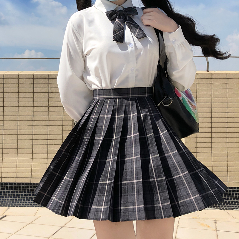 [smoky Gray] Girl S Summer High Waist Pleated Skirts Plaid Skirts Women Jk Uniforms Girl School