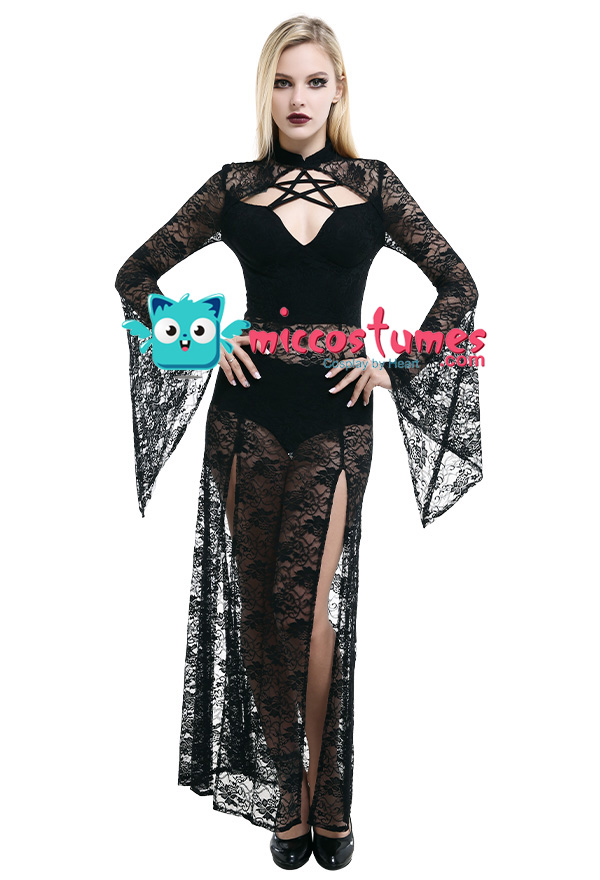 Dark Gothic Punk Elegant Lace Sheer Long Sleeve High Split Dress Sexy ...
