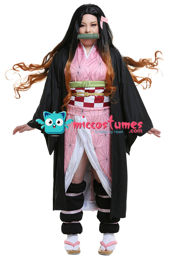 Plus Size Kny Nezuko Kimono Outfit Curvy Cosplay Costume With Leg Protectors And Straps